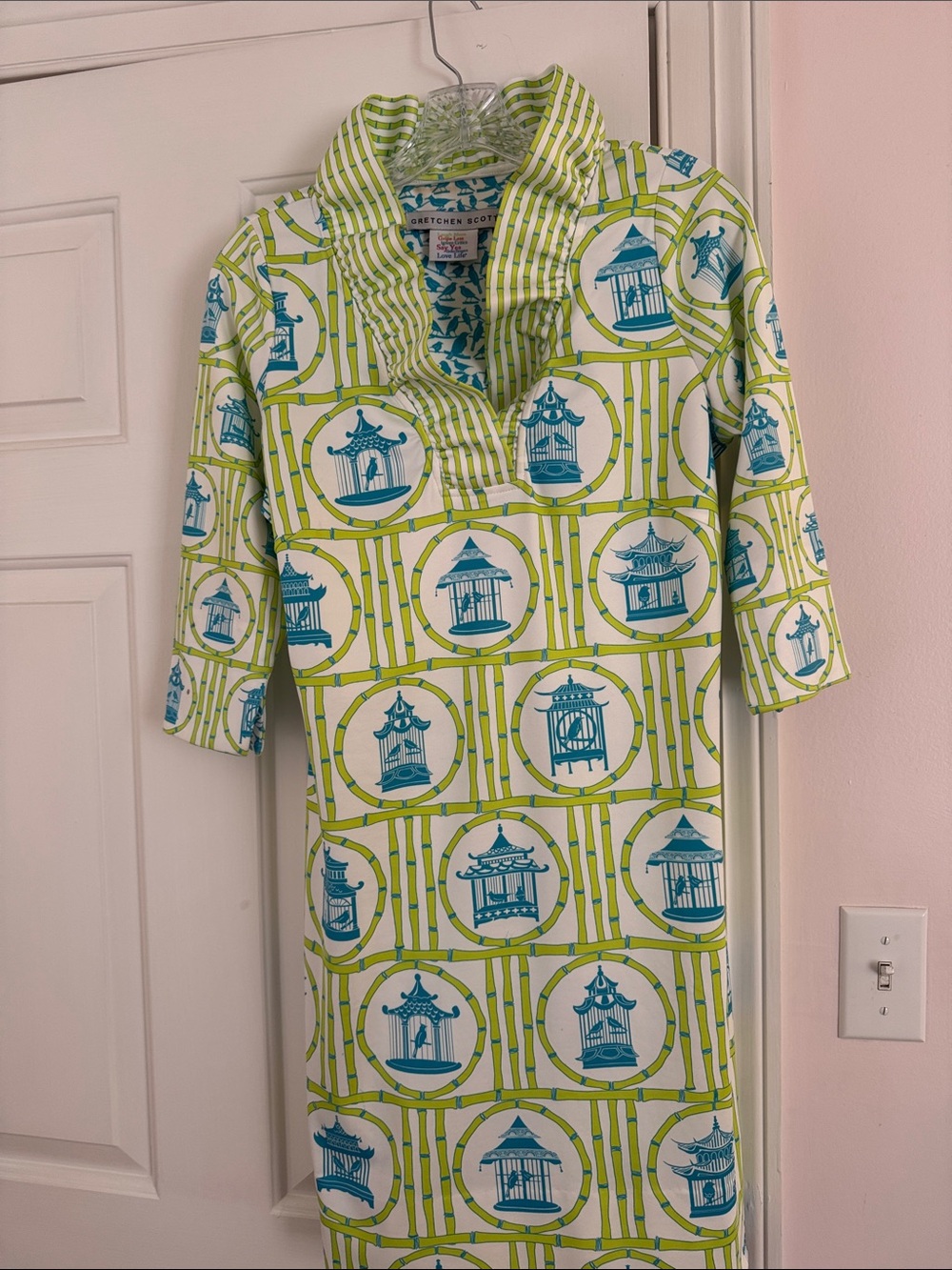 Gretchen Scott Designs Green and Teal Pagoda Print Shift Dress